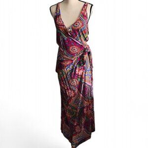 Cross-tie Plunging Wrap Front Boho Multicolor Printed Maxi Dress